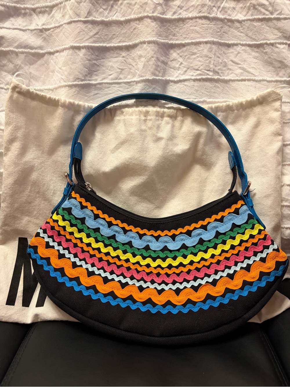 Moschino Colorful Ripple Embroidered Crescent Shoulder Bag - Black & Multicolor